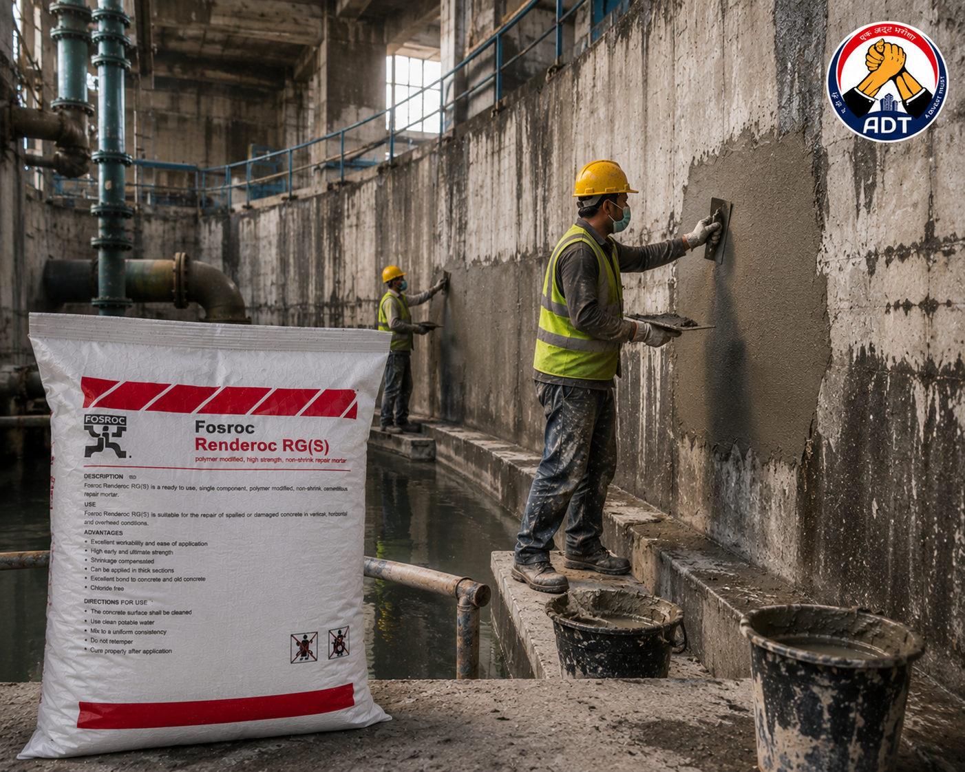 FOSROC RENDEROC RGS product close-up — stiff repair micro concrete vertical overhead structural repair specifications India
