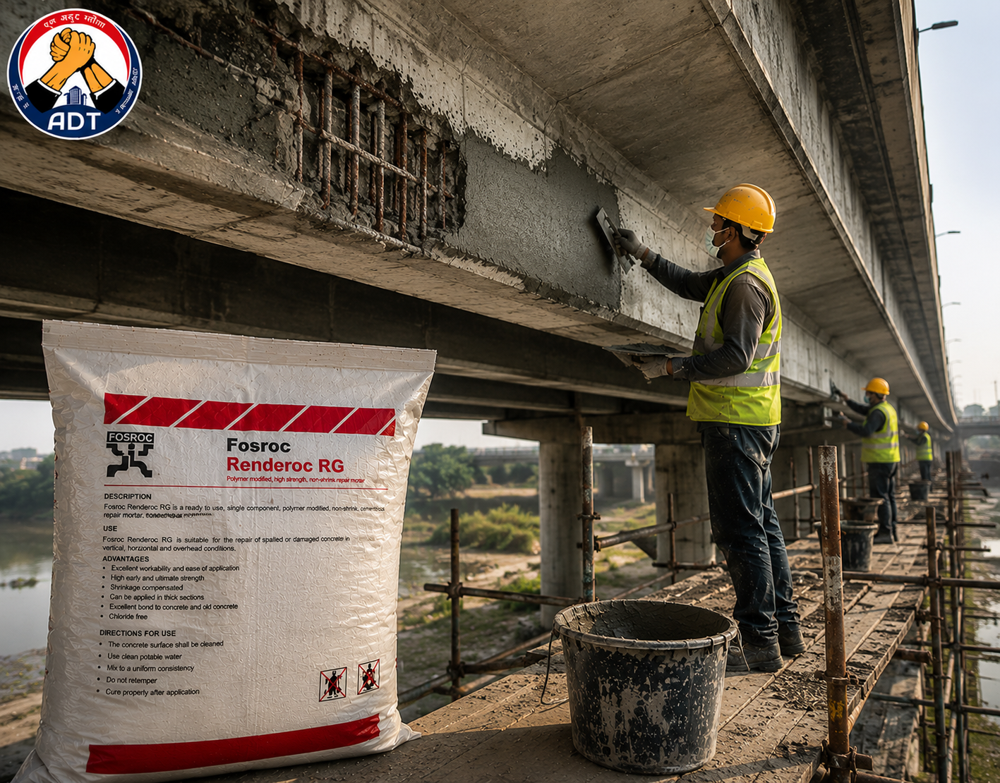 General purpose repair micro concrete FOSROC RENDEROC RG being applied to damaged concrete surface — structural restoration India

