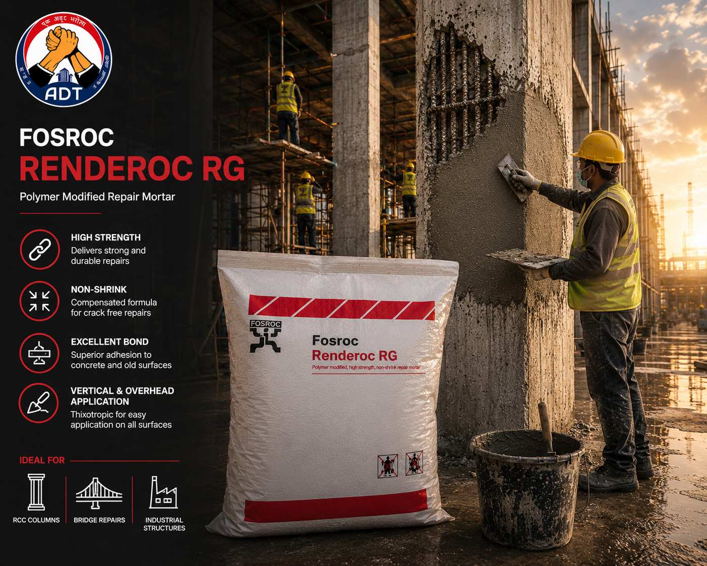 FOSROC RENDEROC RG general purpose repair micro concrete — structural concrete restoration versatile formed and hand-applied repair India
