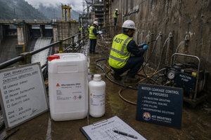 Active water leakage in basement wall stopped with Sika Injection-101H — hydrophilic PU injection grout flexible seal India
