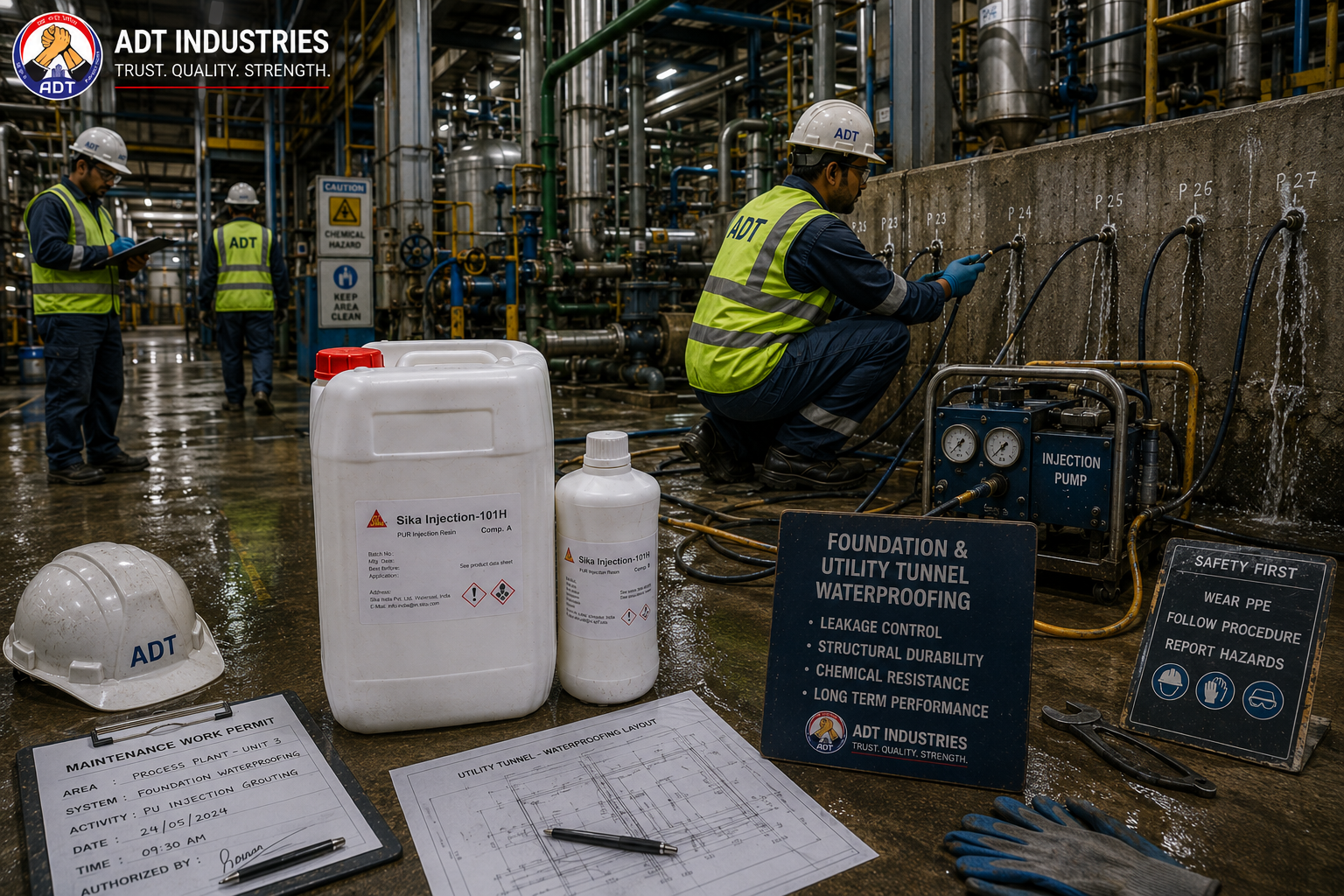 Sika Injection-101H construction chemical — hydrophilic PU injection grout active water leakage flexible crack sealing India