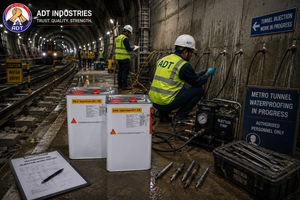 Hydrophobic PU injection grout Sika Injection-201 CE injected into dormant concrete crack — flexible permanent watertight seal India
