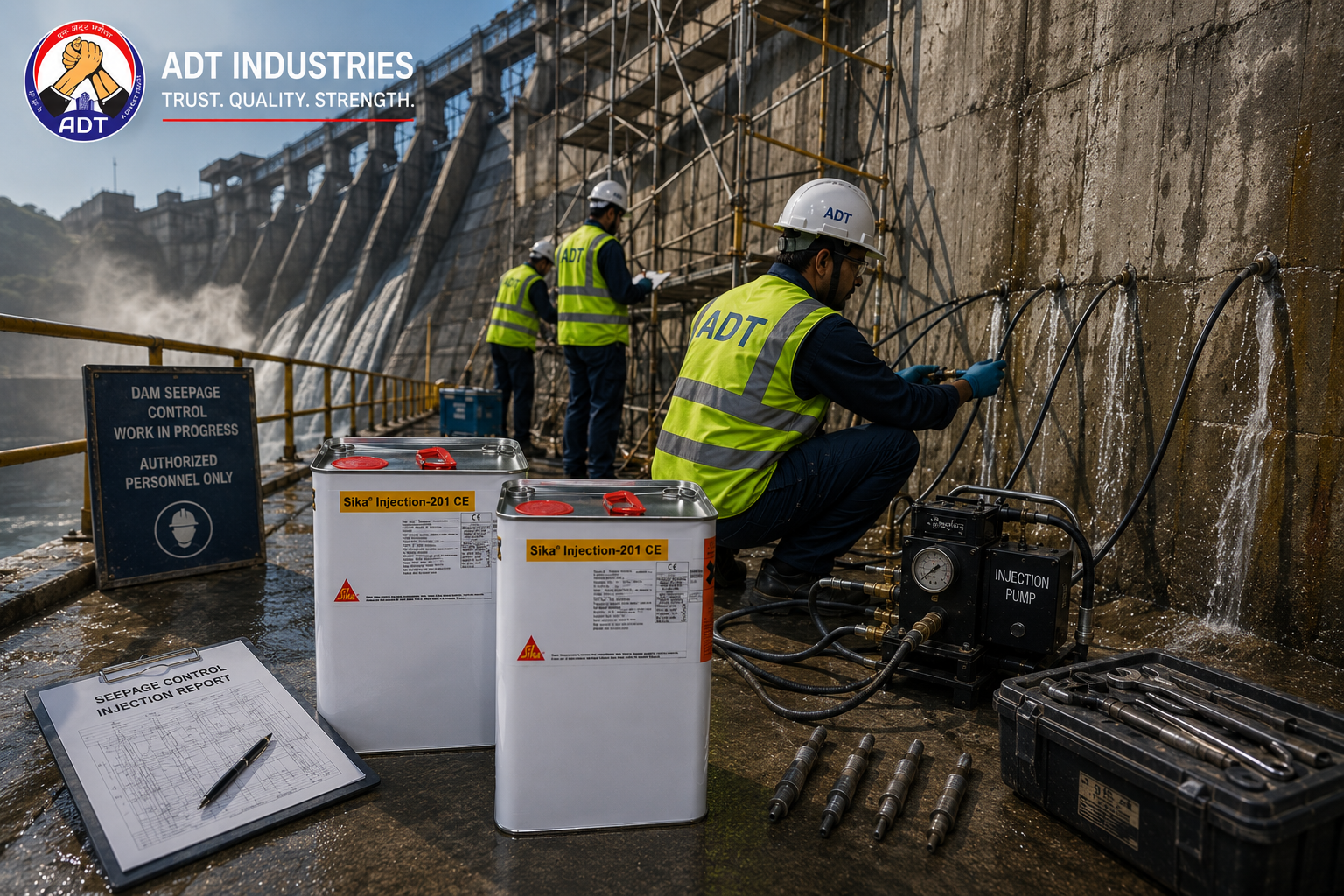 Construction joint in below-grade structure sealed with Sika Injection-201 CE — hydrophobic PU injection grout flexible movement accommodation India
