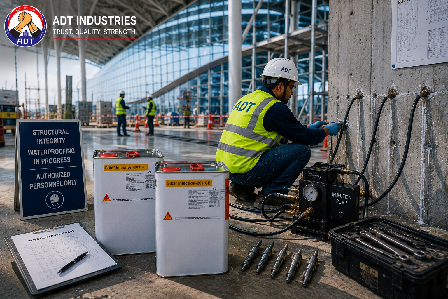 Sika Injection-201 CE product close-up — hydrophobic PU injection grout flexible crack sealing joint waterproofing specifications India
