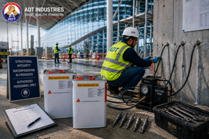 Sika Injection-201 CE product close-up — hydrophobic PU injection grout flexible crack sealing joint waterproofing specifications India
