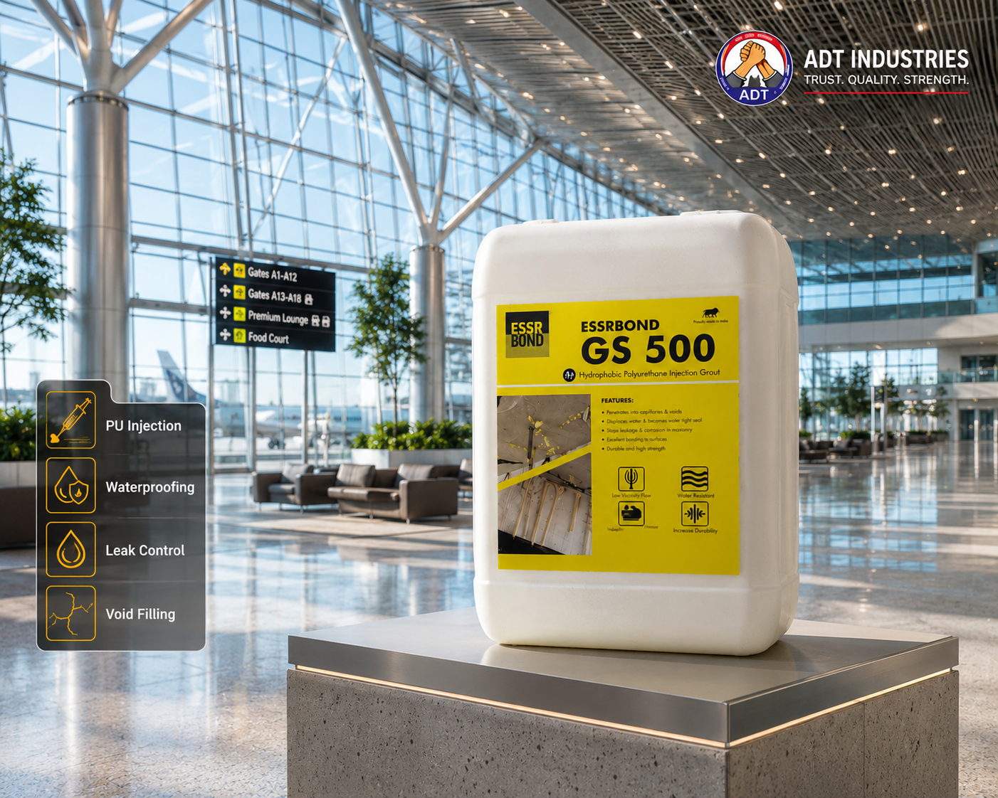 Polyurethane injection grout ESSRBOND GS 500 being injected into concrete crack — full depth crack sealing leakage control India

