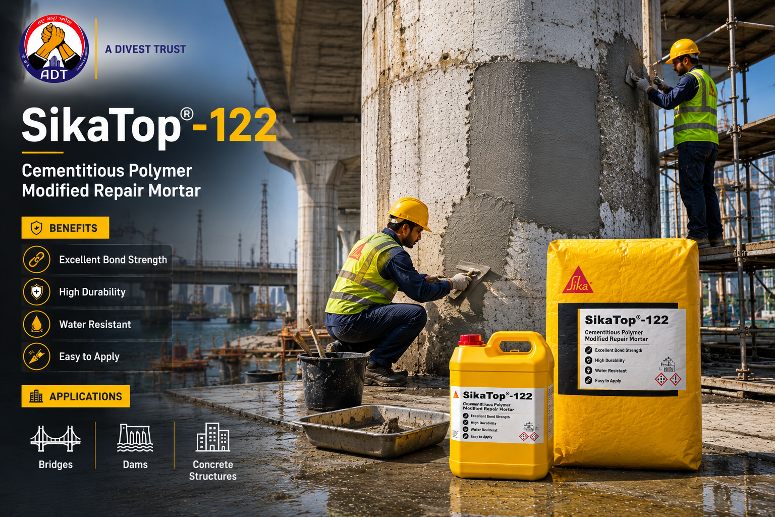 SikaTop-122 two-component polymer-modified repair mortar — concrete restoration superior bond flexible durable surface repair India

