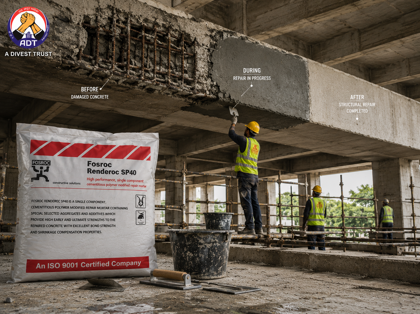 40 MPa repair mortar Renderoc SP 40 being trowel-applied to damaged concrete column — structural restoration India
