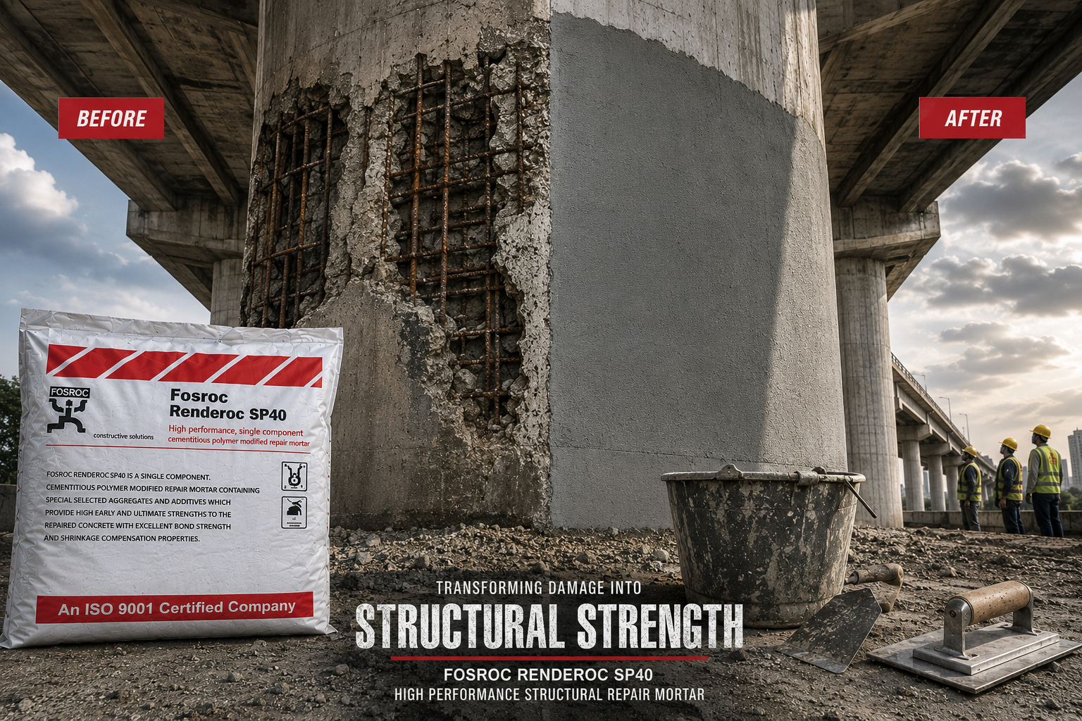 Renderoc SP 40 polymer-modified repair mortar — 40 MPa structural concrete restoration strong bond controlled shrinkage India
