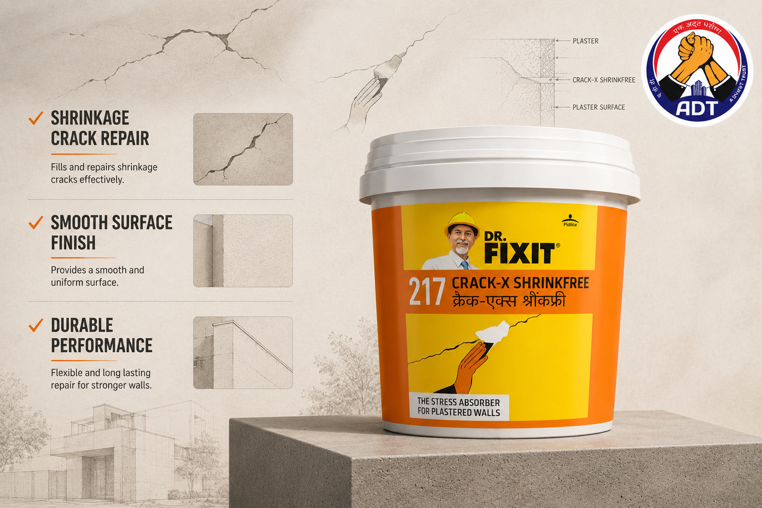 DR. FIXIT CRACK-X SHRINKFREE zero-shrink crack filler paste — permanent wall concrete crack repair stays flush strong bond India
