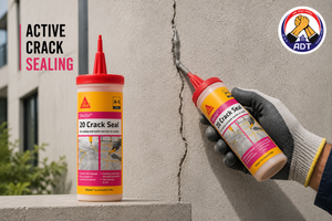 Low-viscosity epoxy crack sealer Sikadur-20 Crackseal flowing into fine concrete floor crack — self-levelling full depth seal India

