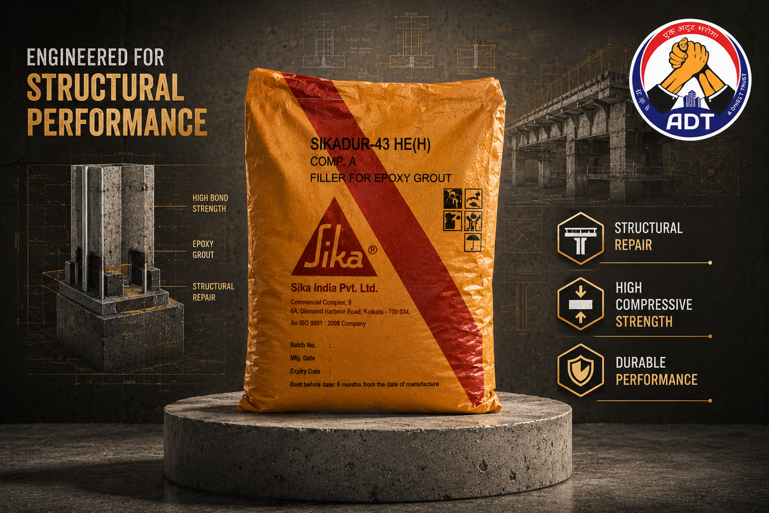 Sikadur-43 thixotropic epoxy repair mortar — vertical overhead structural concrete repair non-sag high strength chemical resistance India
