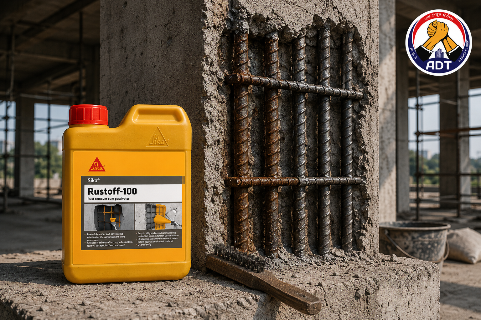 Sika Rustoff 100 rust remover can beside corroded steel reinforcement in a concrete column under repair India