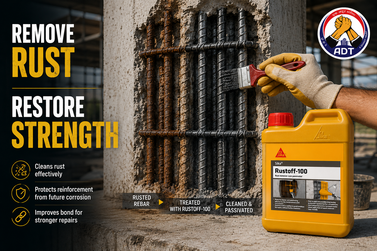 Sika Rustoff 100 removing rust from exposed reinforcement steel to restore structural strength during concrete repair