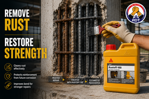 Sika Rustoff 100 removing rust from exposed reinforcement steel to restore structural strength during concrete repair