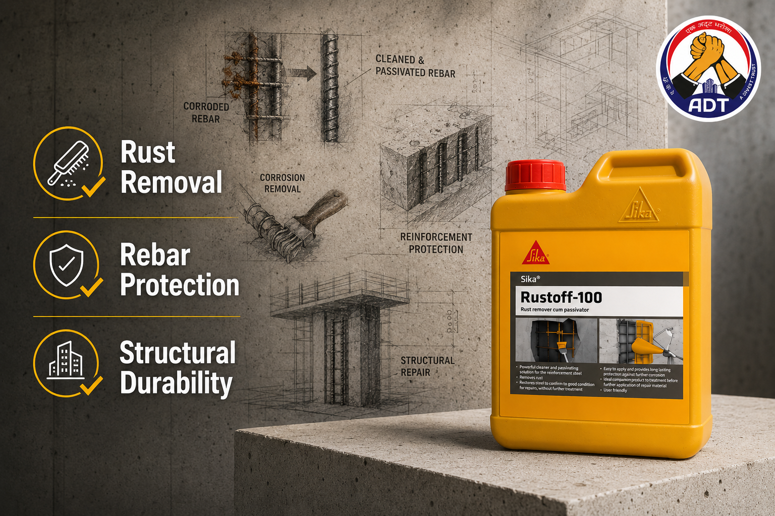 Sika Rustoff 100 rust remover with rust removal, rebar protection and structural durability benefits for steel reinforcement India