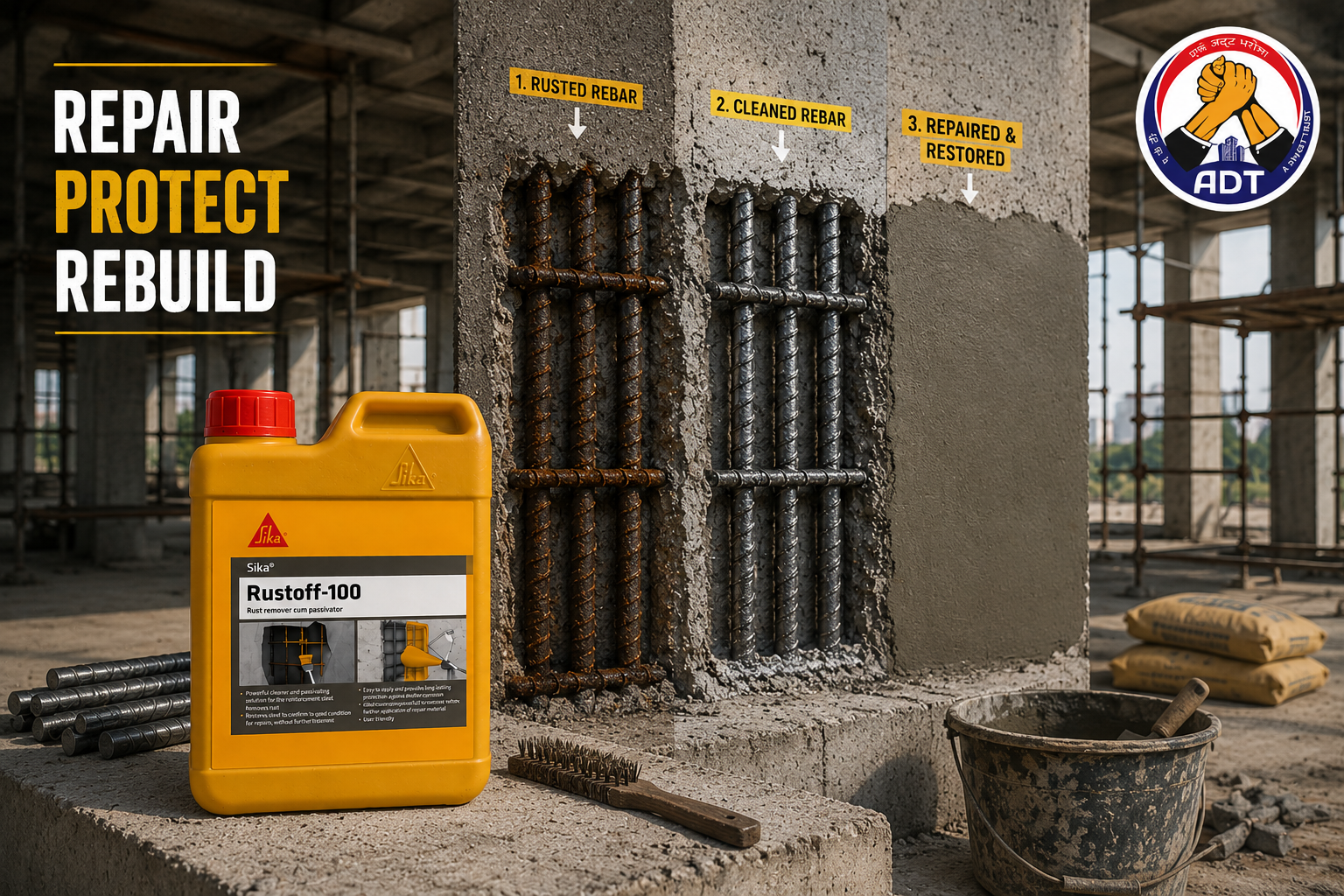 Sika Rustoff 100 rust remover used to repair, protect and rebuild corroded reinforced concrete structures India