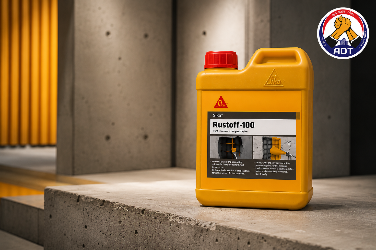 Sika Rustoff 100 rust remover bottle close up — fast-acting rust treatment for corroded reinforcement steel India