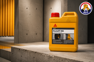 Sika Rustoff 100 rust remover bottle close up — fast-acting rust treatment for corroded reinforcement steel India