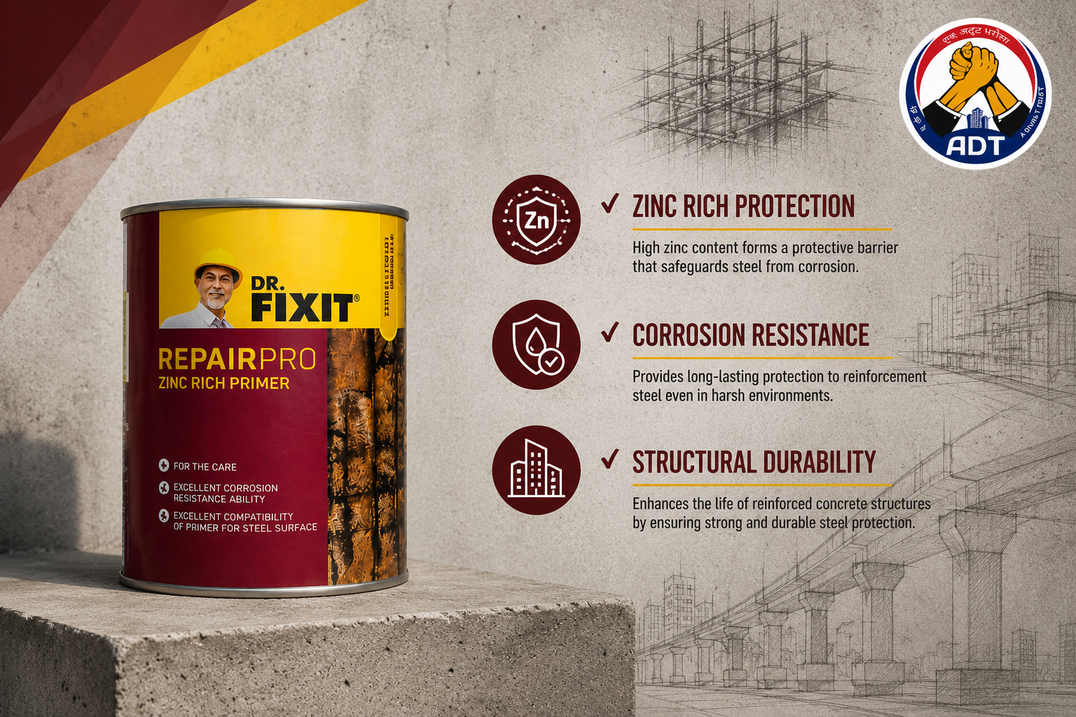 Dr. Fixit Zinc Rich Primer with zinc rich protection, corrosion resistance and structural durability for steel reinforcement India