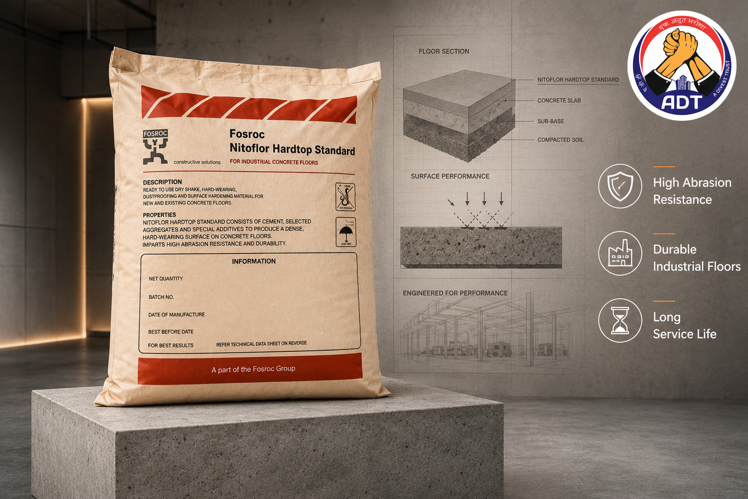 Fosroc Nitoflor Hardtop non-metallic floor hardener powder from Fosroc India