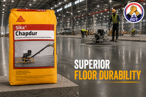 Sika Chapdur dry shake hardener sprinkled and troweled into fresh concrete