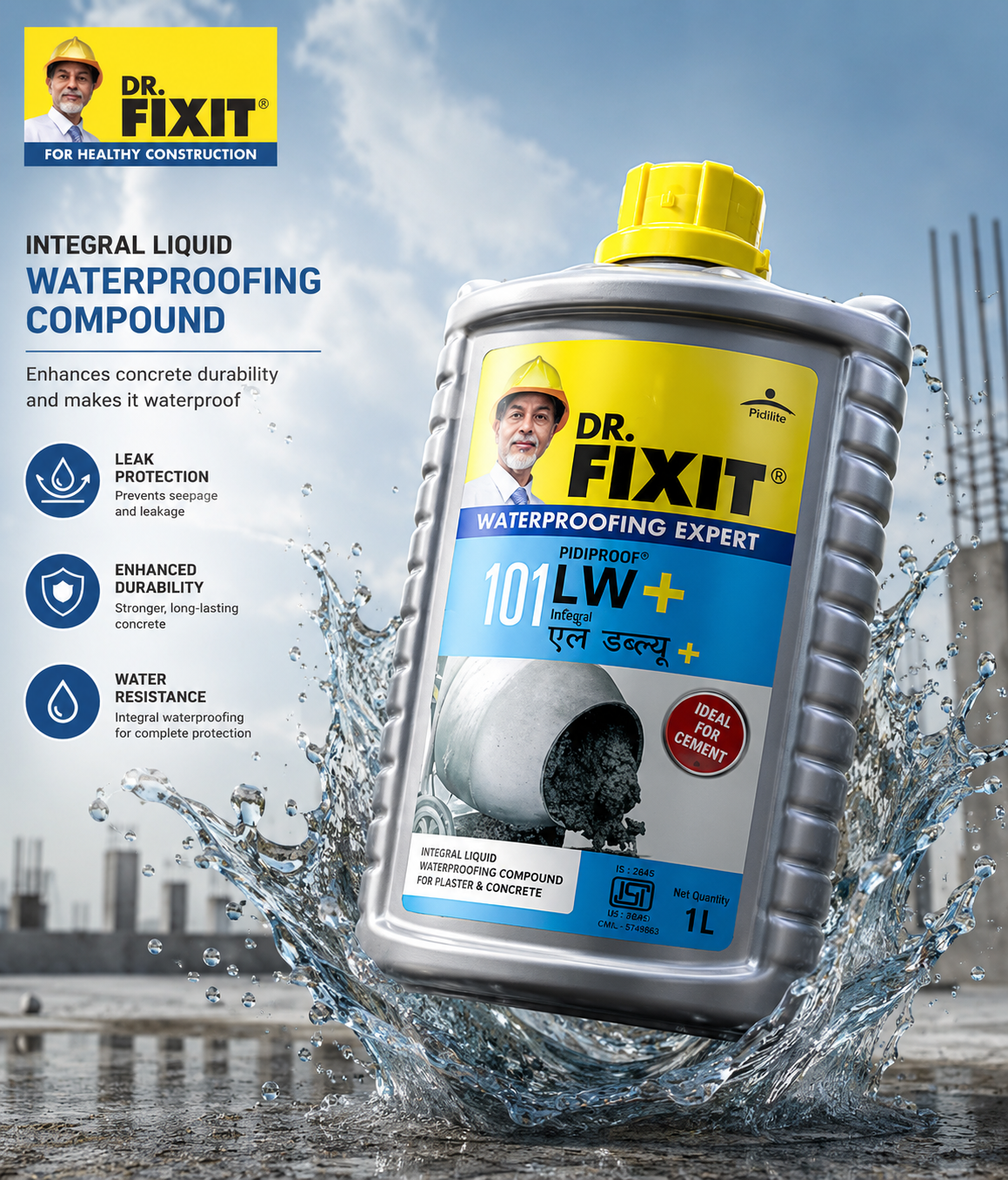 Dr. Fixit 101 Pidiproof LW+ — integral liquid waterproofing compound for concrete and mortar, cement tonic by Pidilite

