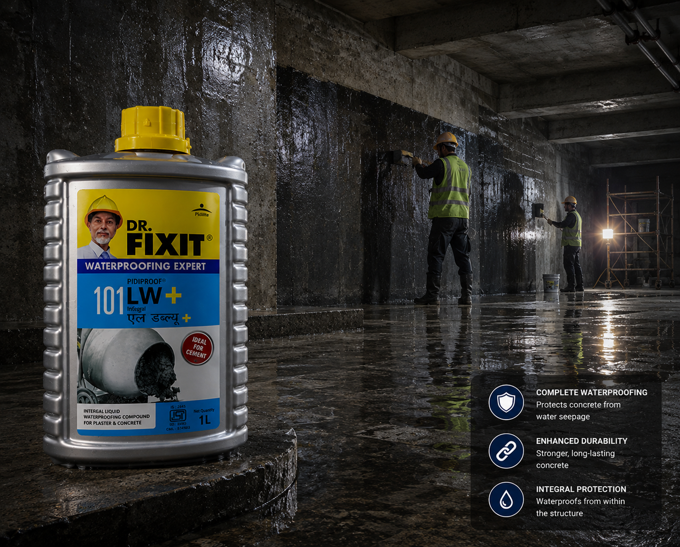 Dr. Fixit 101 Pidiproof LW+ — construction chemical that minimizes cracking, reduces permeability and improves concrete workability

