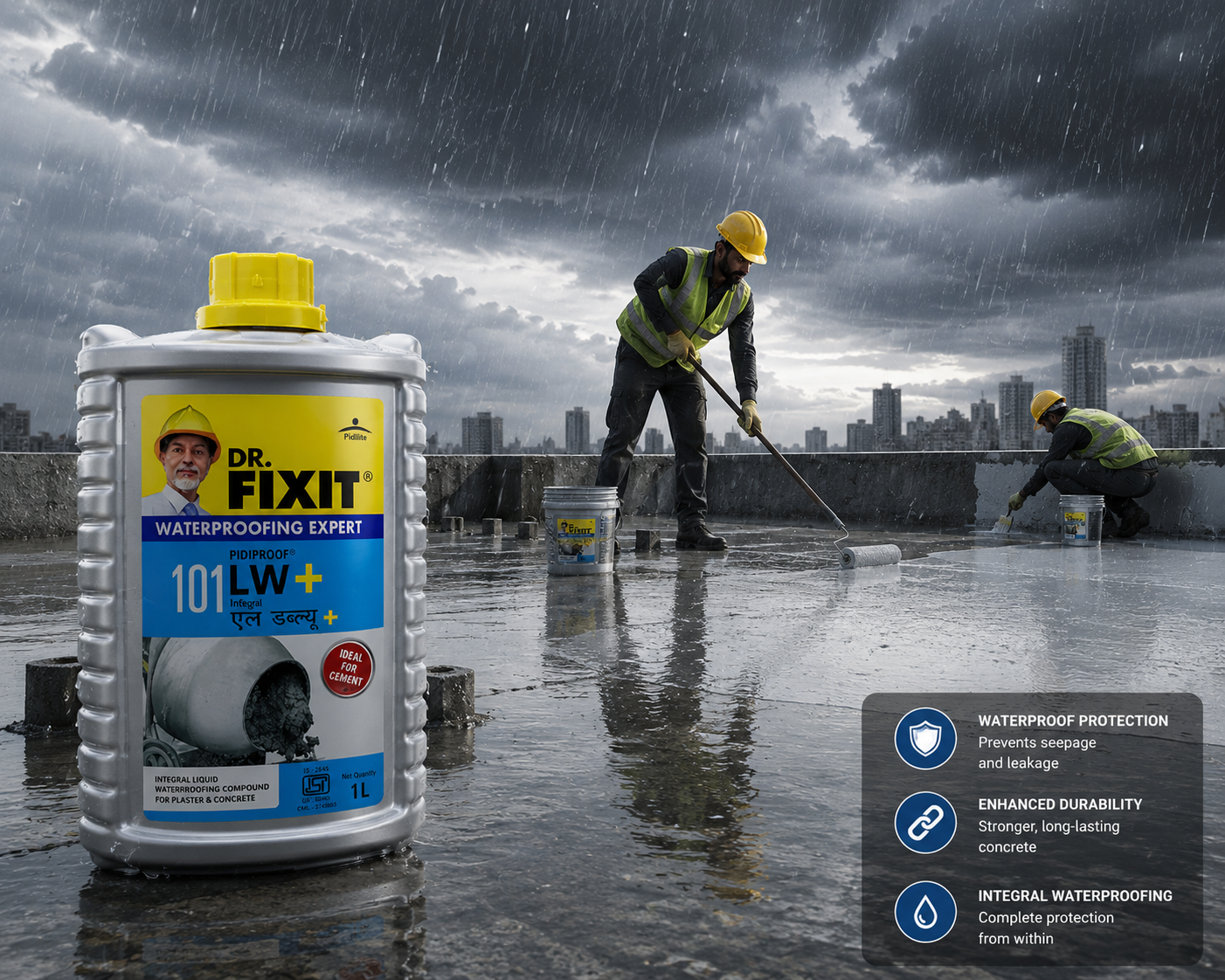Pidiproof LW+ by Dr. Fixit — integral liquid waterproofing compound for roof, terrace, bathroom and basement applications

