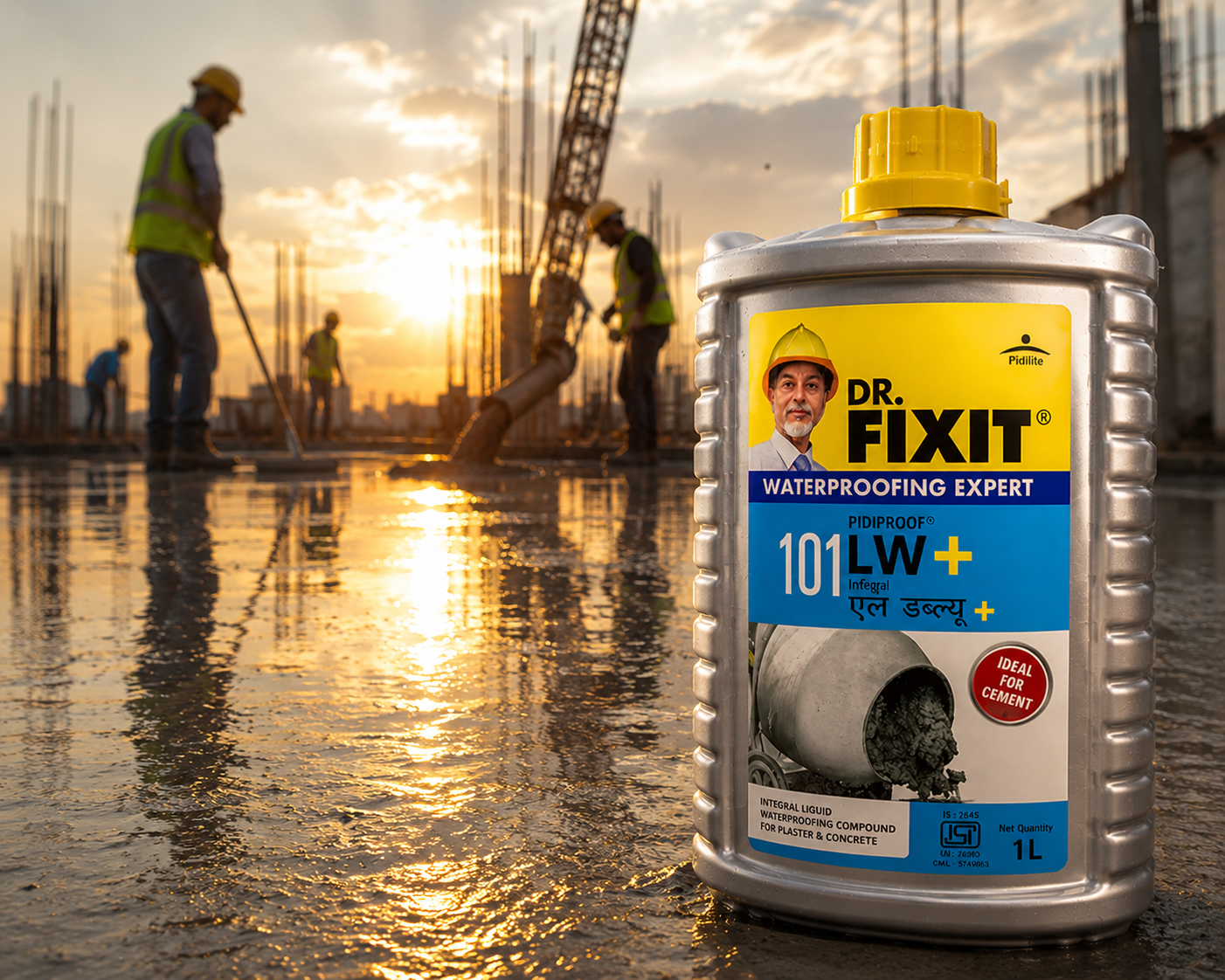 Dr. Fixit Pidiproof LW+ — waterproofing chemical that fills microscopic pores in cement matrix to block moisture from day one

