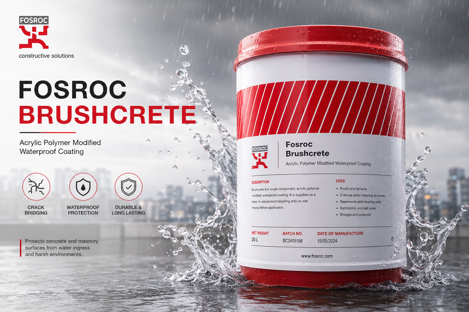 Fosroc Brushcrete — acrylic polymer modified waterproof coating for concrete and masonry surfaces, 20L bucket




