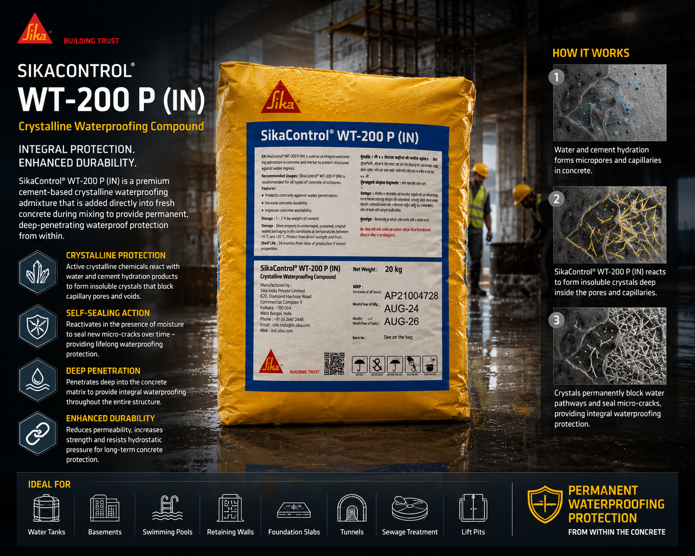 Sika WT 200 — self-sealing crystalline waterproofing material that reactivates on moisture contact for lifelong concrete protection




