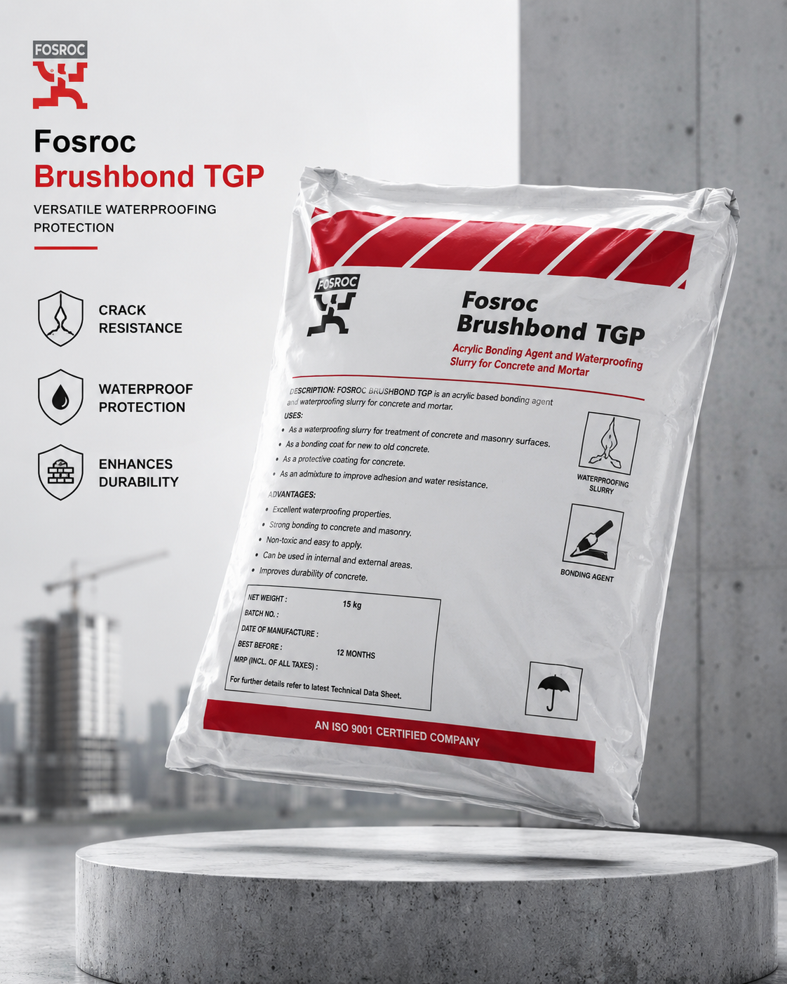 Fosroc Brushbond TGP — crystalline waterproofing material by Fosroc Chemicals India for permanent concrete and masonry waterproofing





