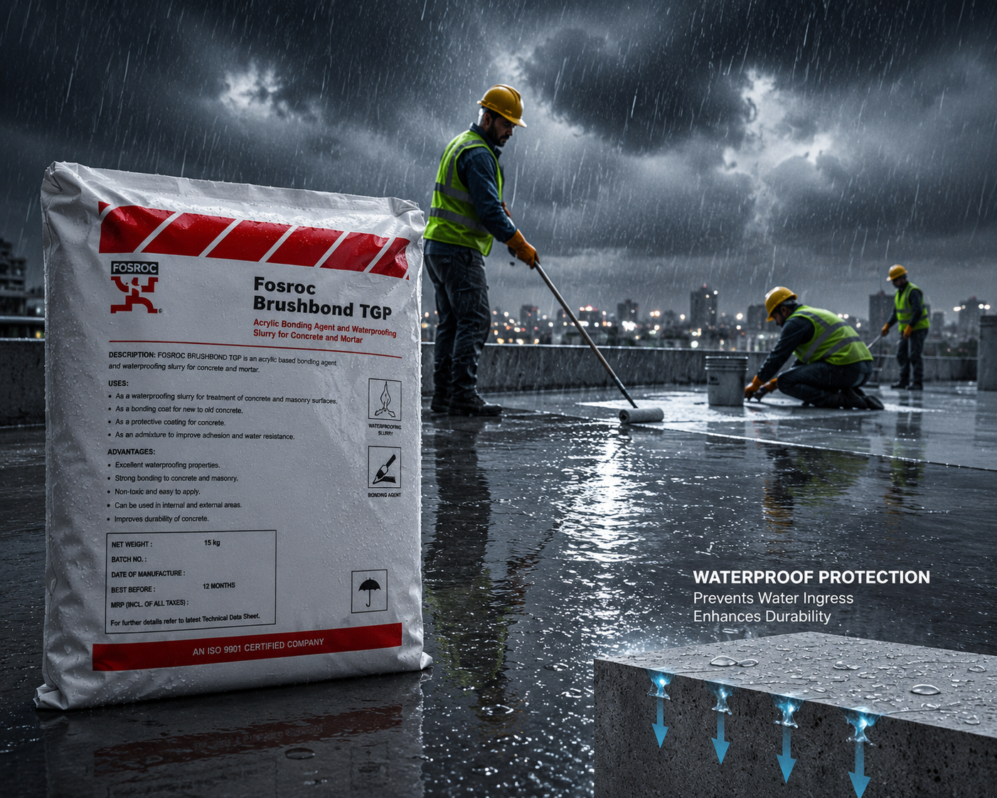 Fosroc Brushbond TGP — brush-applied crystalline waterproofing chemical that permanently seals capillary pores and hairline cracks in concrete




