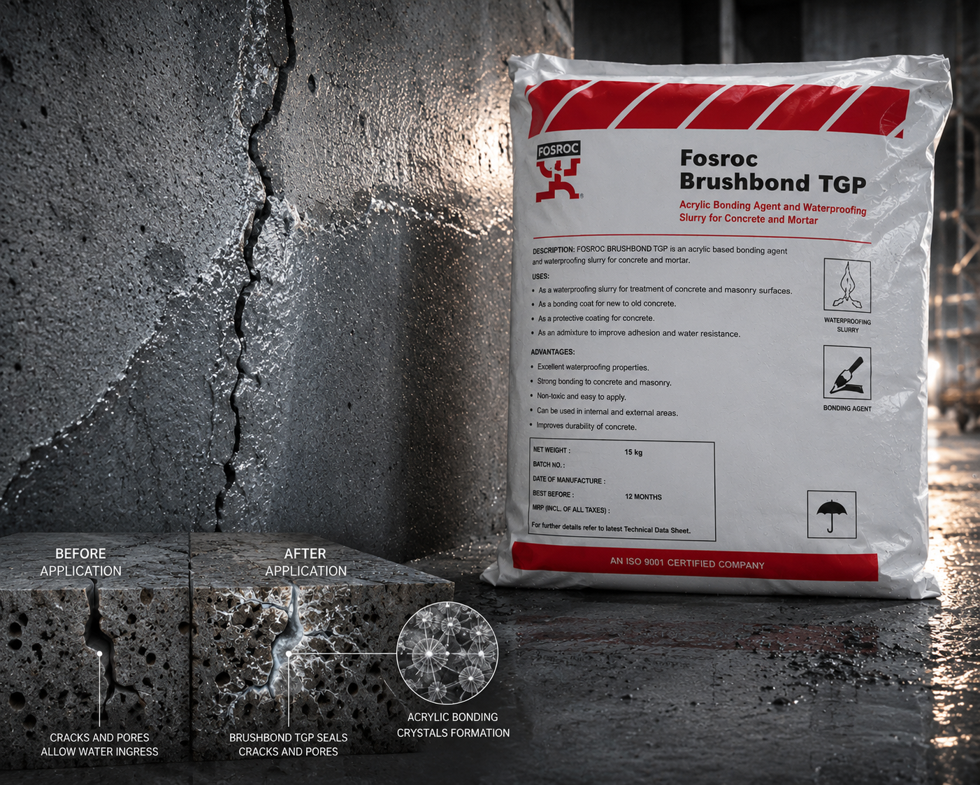Fosroc Brushbond TGP — crystalline waterproofing material that reactivates on moisture contact for lifelong below-grade structure protection




