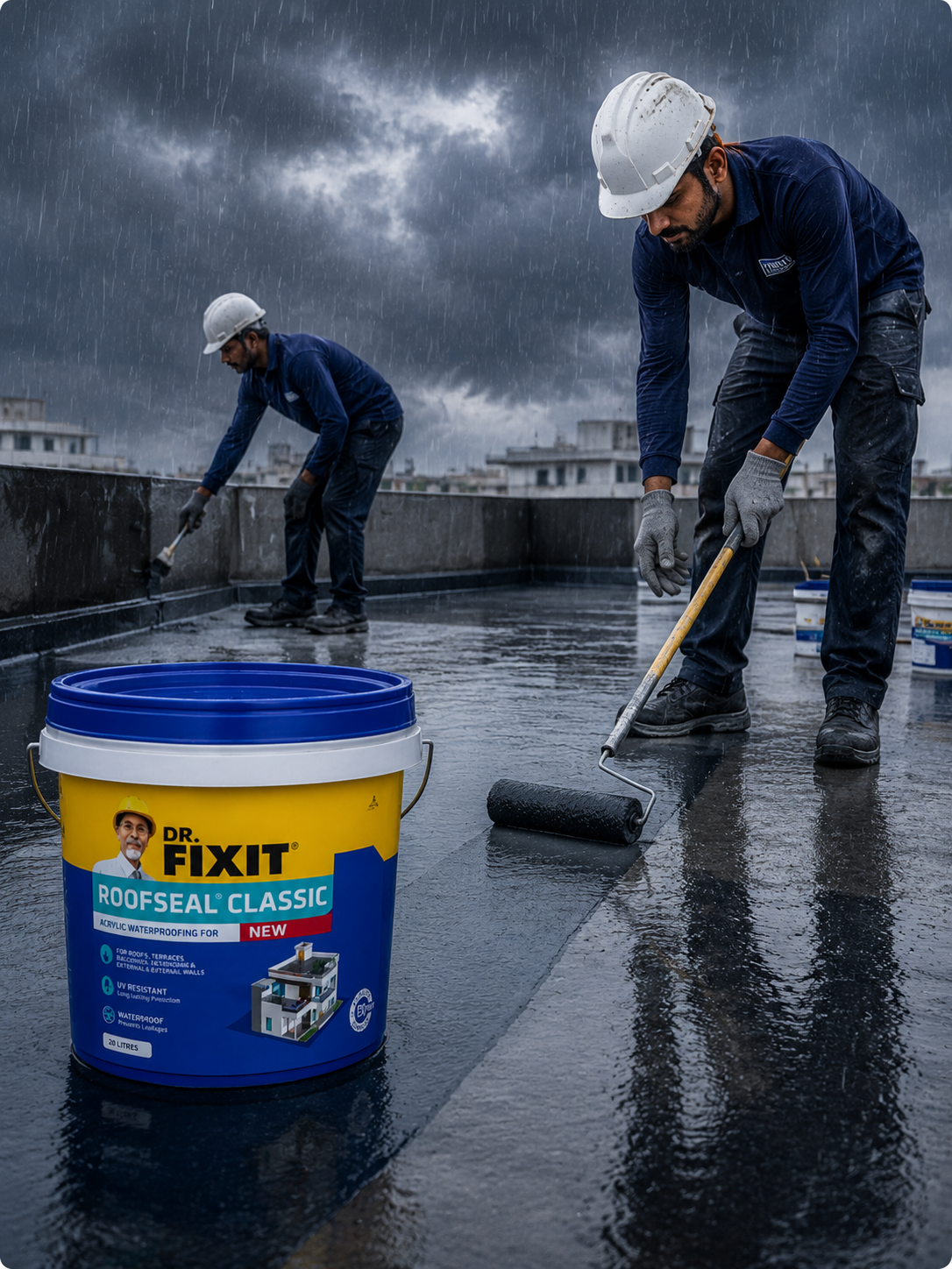 Dr. Fixit ROOFSEAL Classic — acrylic polymer waterproof roof coating that bridges hairline cracks on concrete and masonry
