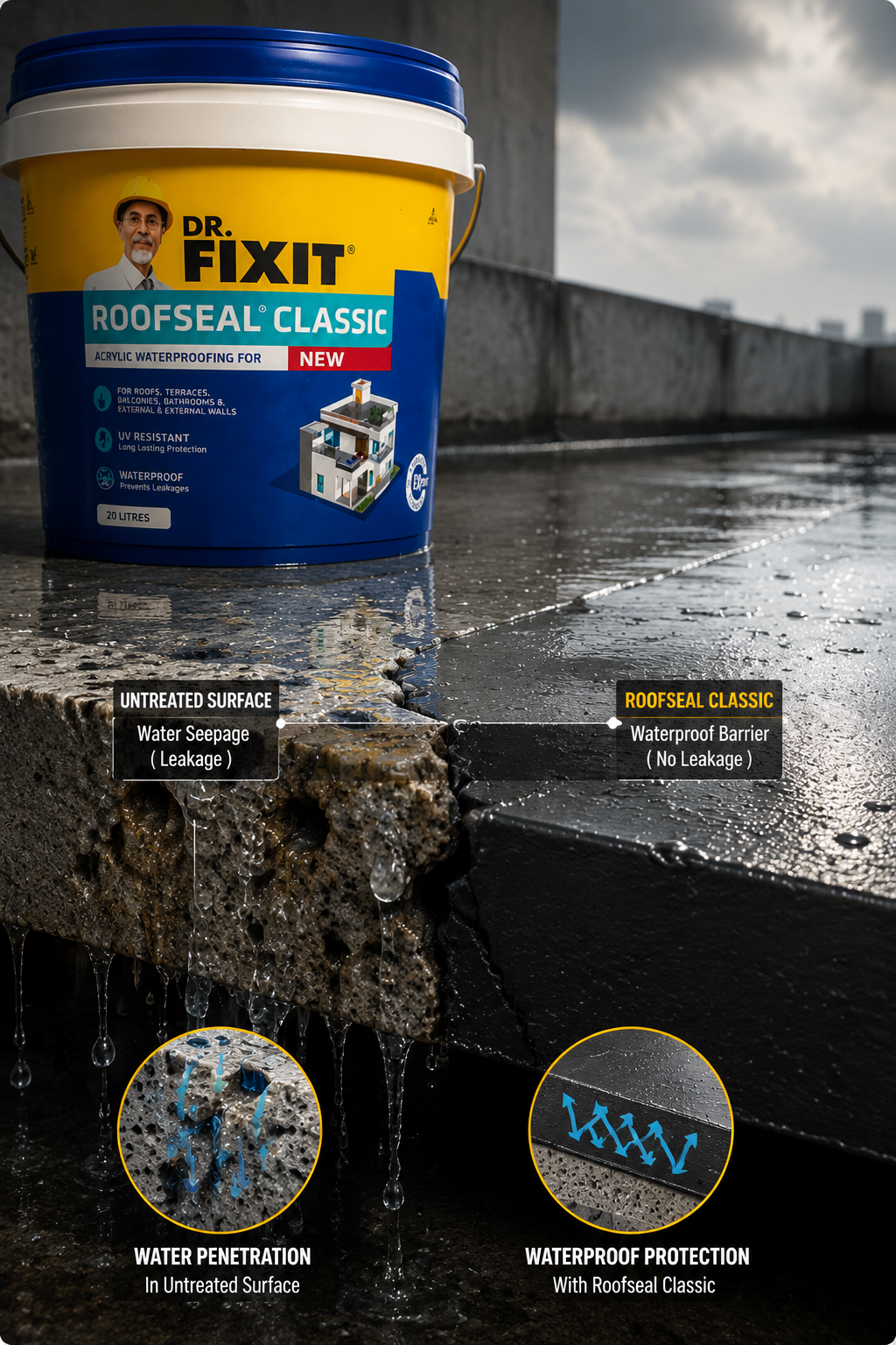 Dr. Fixit ROOFSEAL Classic elastomeric coating — seamless waterproofing solution for roof that stops wall seepage permanently
