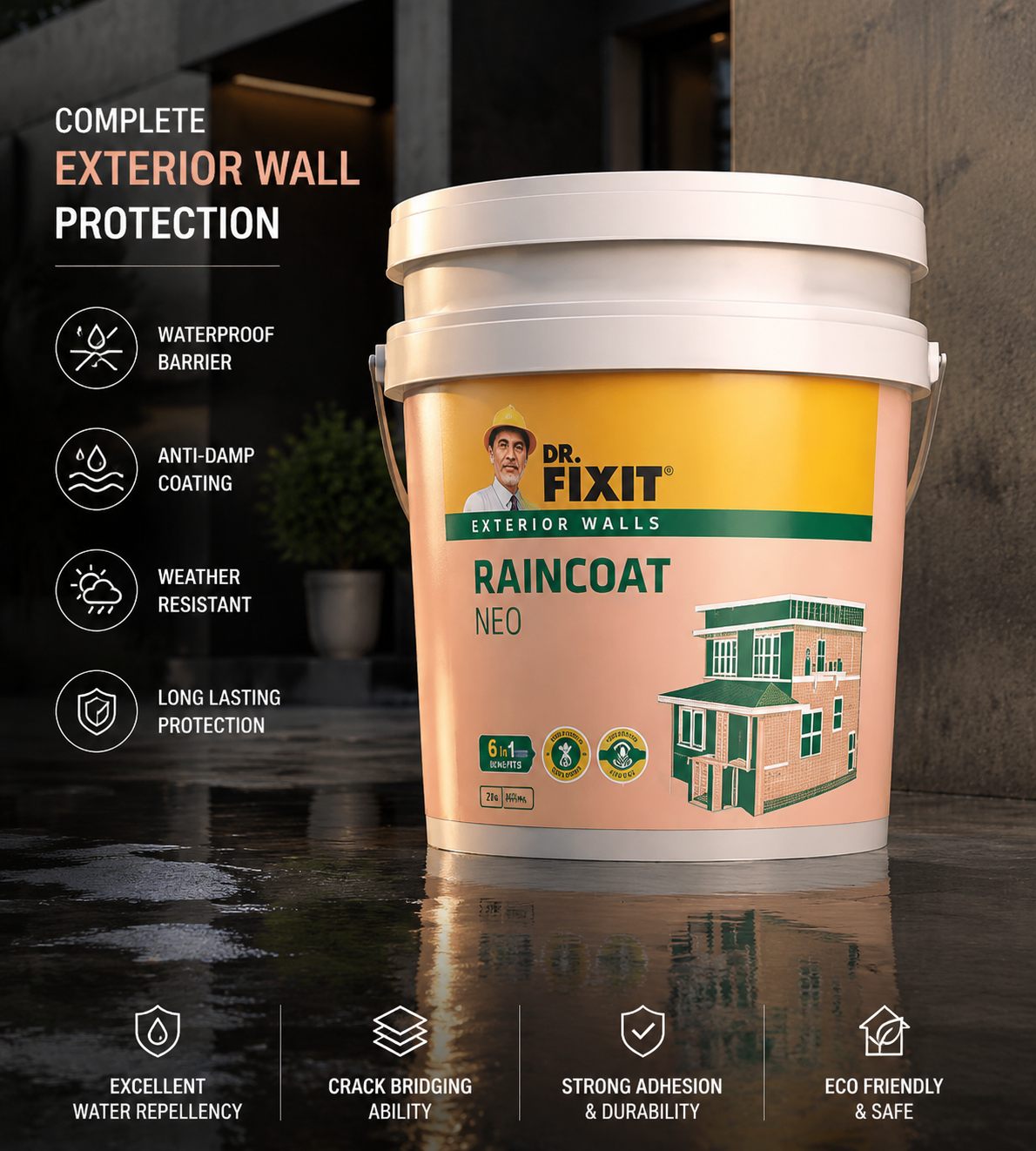 DR. FIXIT RAINCOAT Neo — elastomeric waterproof coating for exterior wall waterproofing and wall seepage solution India
