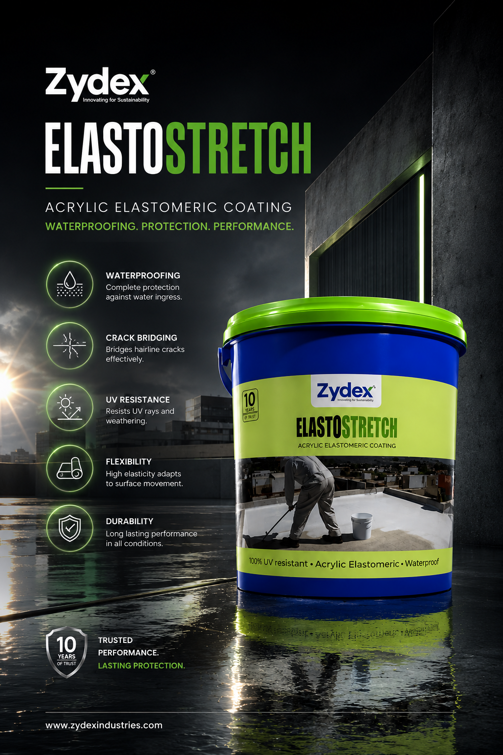 Zydex Elasto Stretch — super-stretch elastomeric waterproof coating for roof waterproofing wall seepage and terrace leakage solution India
