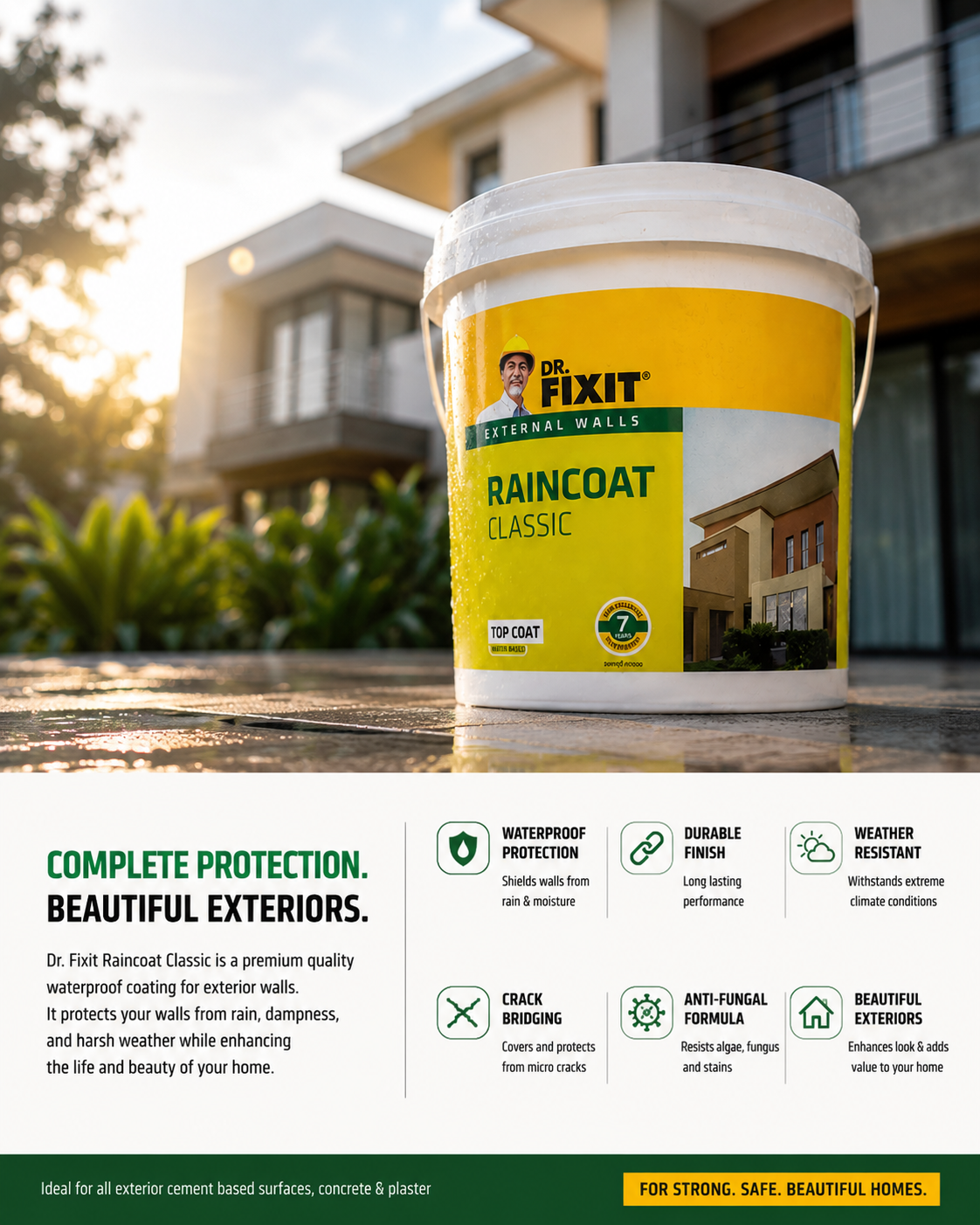 Dr. Fixit RAINCOAT Classic — proven elastomeric waterproof coating for exterior wall waterproofing and wall seepage solution India
