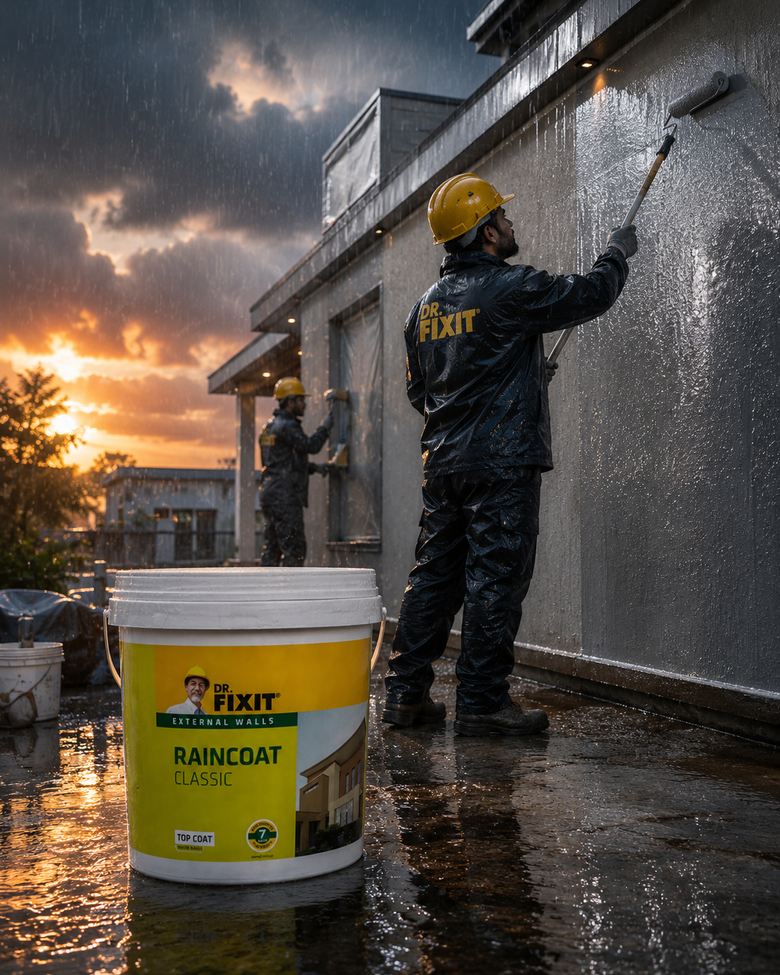 Dr. Fixit RAINCOAT Classic — original acrylic polymer wall waterproofing chemical stopping wall leakage and rain penetration on facades

