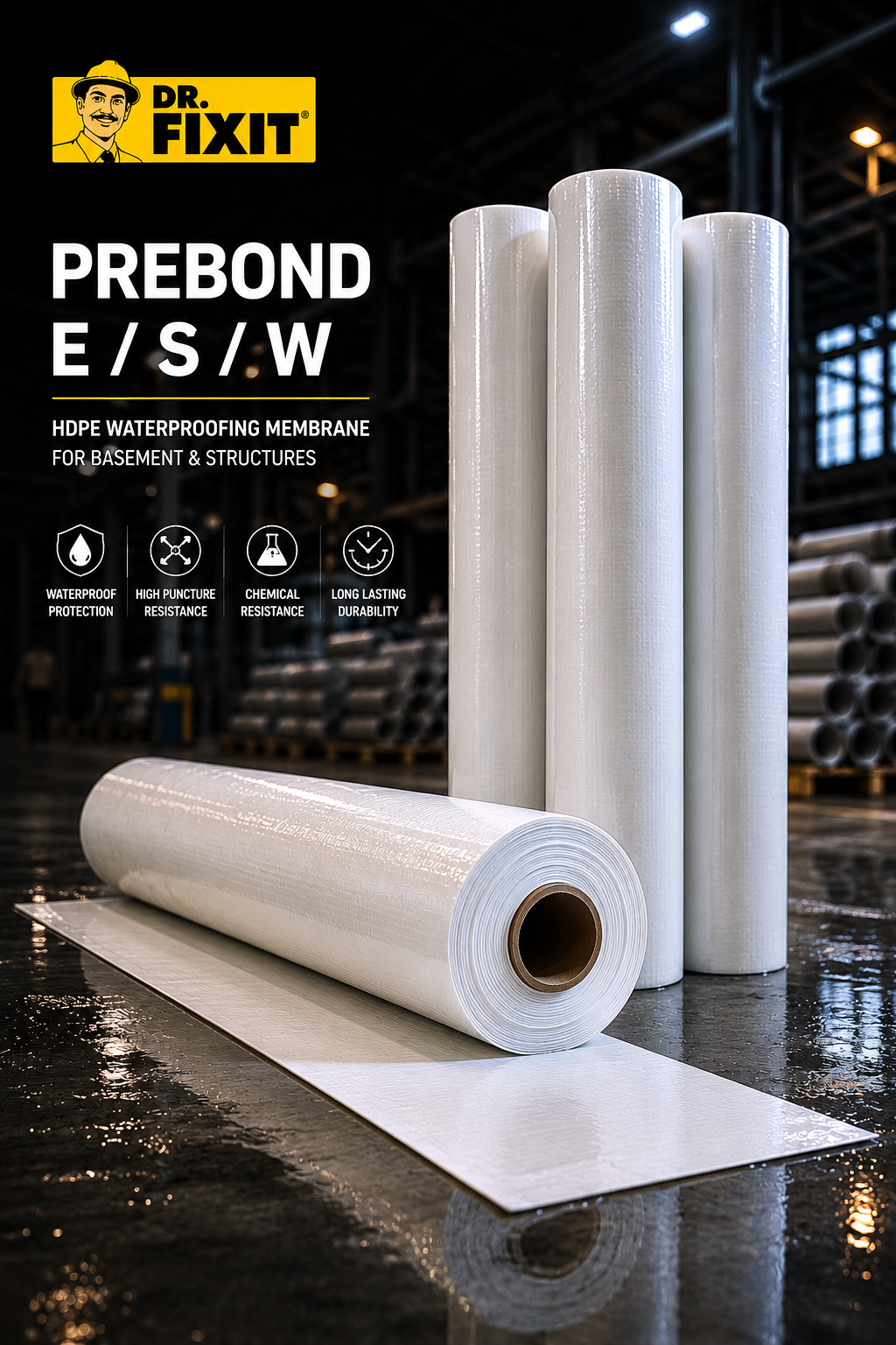 Dr Fixit Prebond ESW pre-applied HDPE waterproofing membrane — laid before concrete pour for basement and foundation waterproofing India
