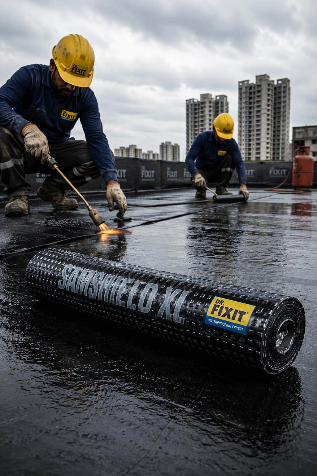 Dr Fixit Samshield XL 1500 IMP installed on below-ground concrete surface — cold applied self-adhesive basement waterproofing membrane India
