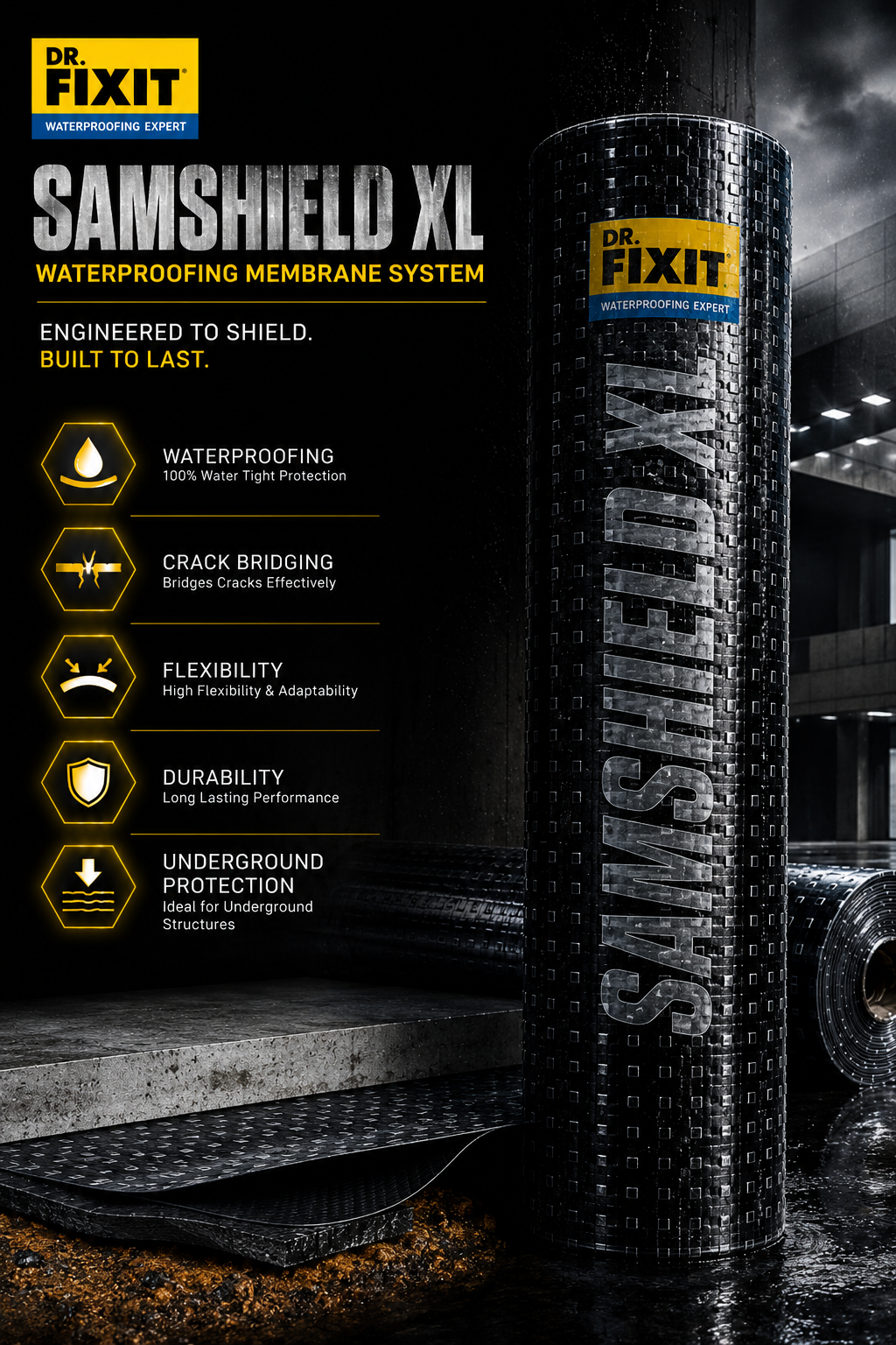 Dr Fixit Samshield XL 1500 IMP self-adhesive cold-applied waterproofing membrane — 1.5mm bitumen HDPE basement waterproofing India
