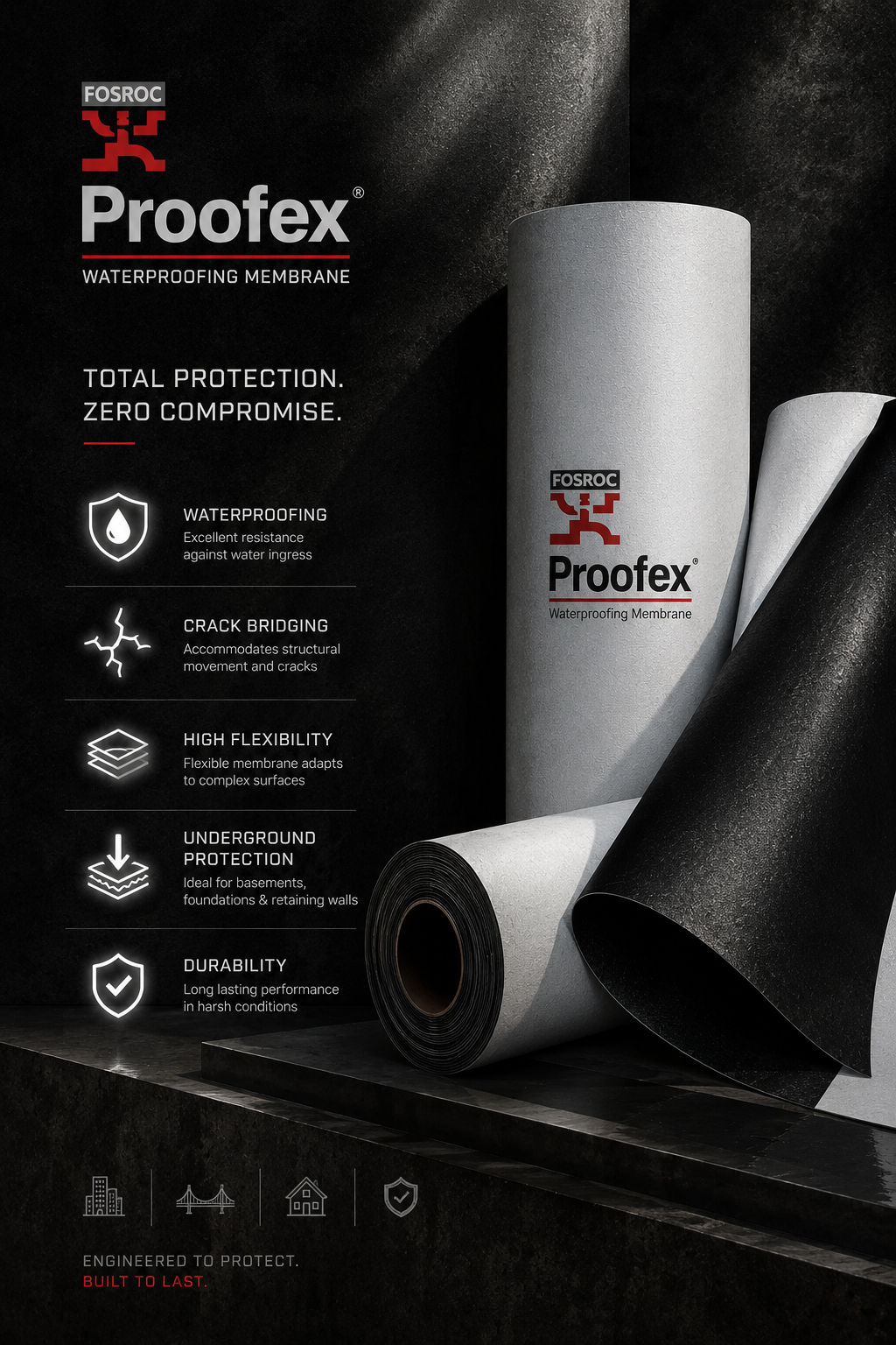 Fosroc Proofex ORG OGP OFB TPO FPA synthetic waterproofing sheet membrane series — loose laid mechanically fixed fully bonded Fosroc India
