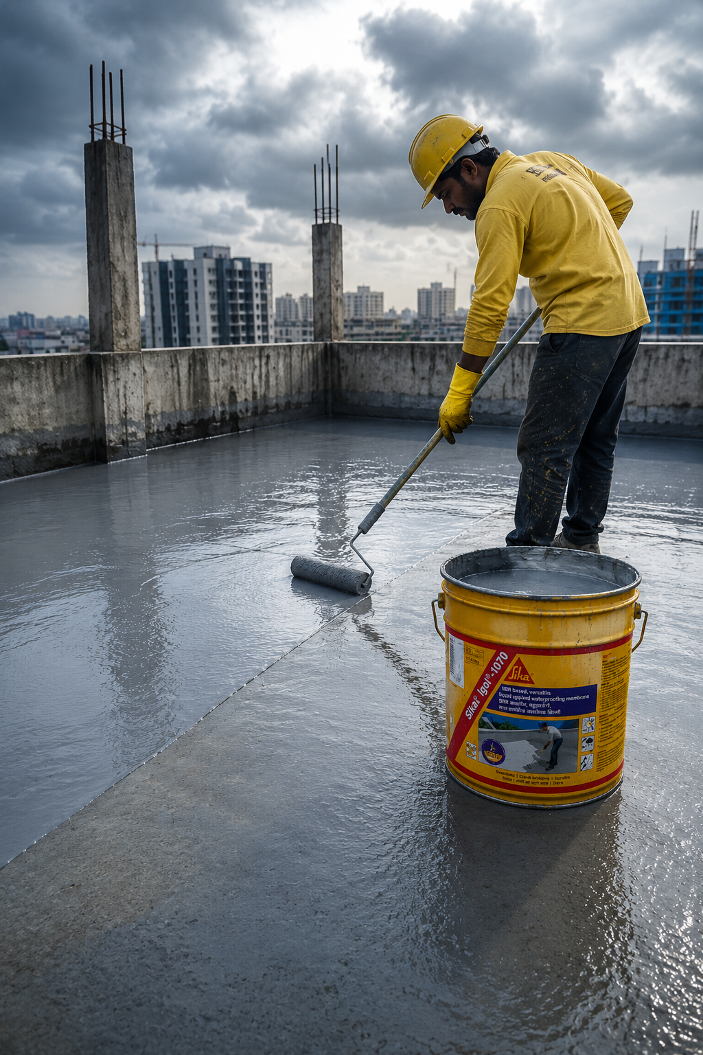 SIKALASTIC 450I applied on rooftop terrace — seamless liquid polyurethane waterproof roof coating Sika India
