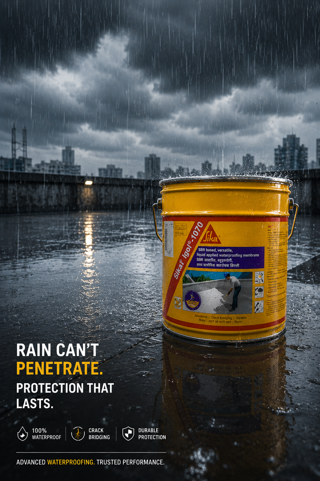 SIKALASTIC 450I product label close up — liquid polyurethane waterproof roof coating specifications Sika India
