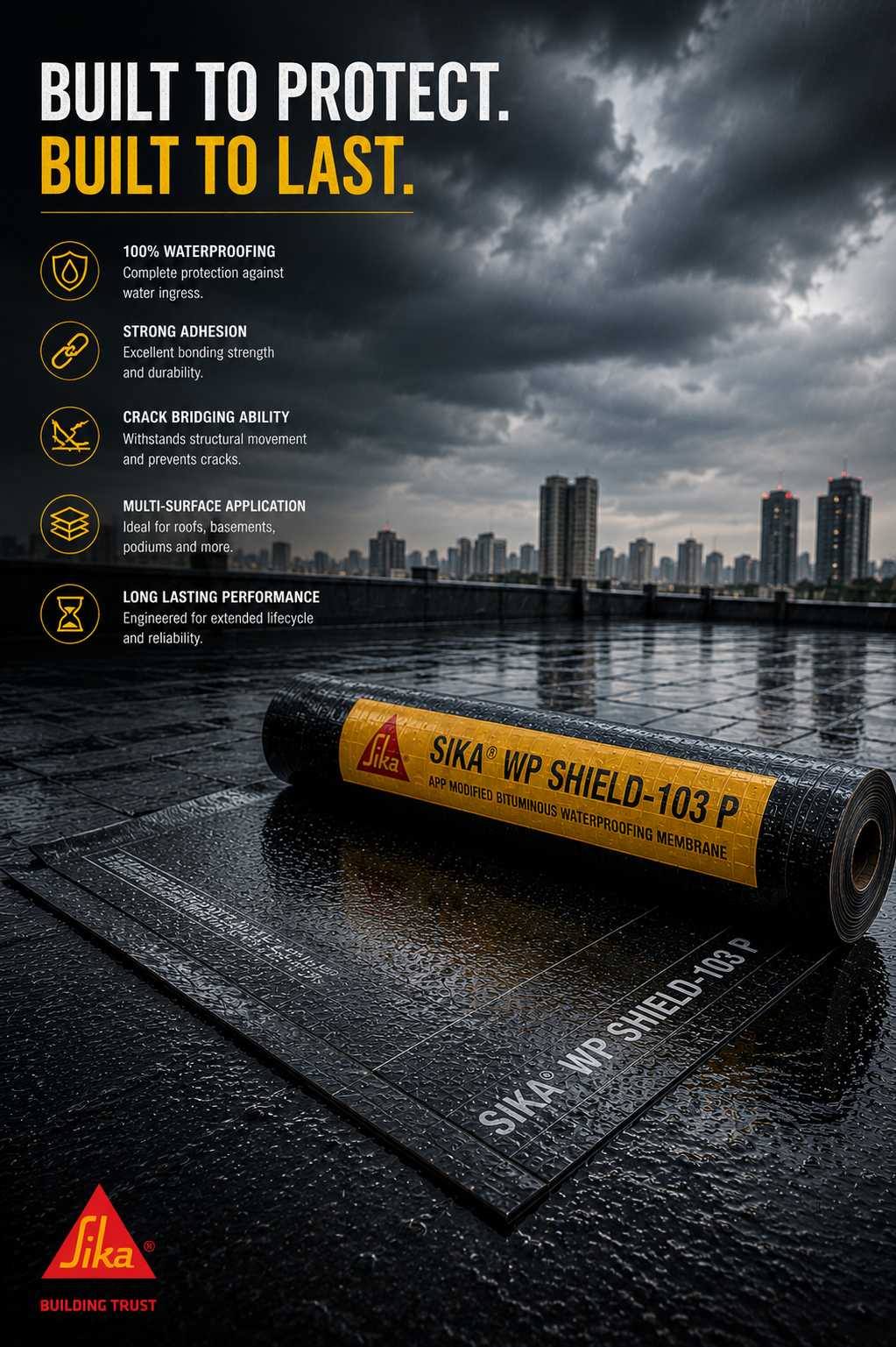 Sika WP Shield 103 P APP modified bituminous waterproofing membrane roll — torch-applied bitumen waterproofing for roof terrace basement India
