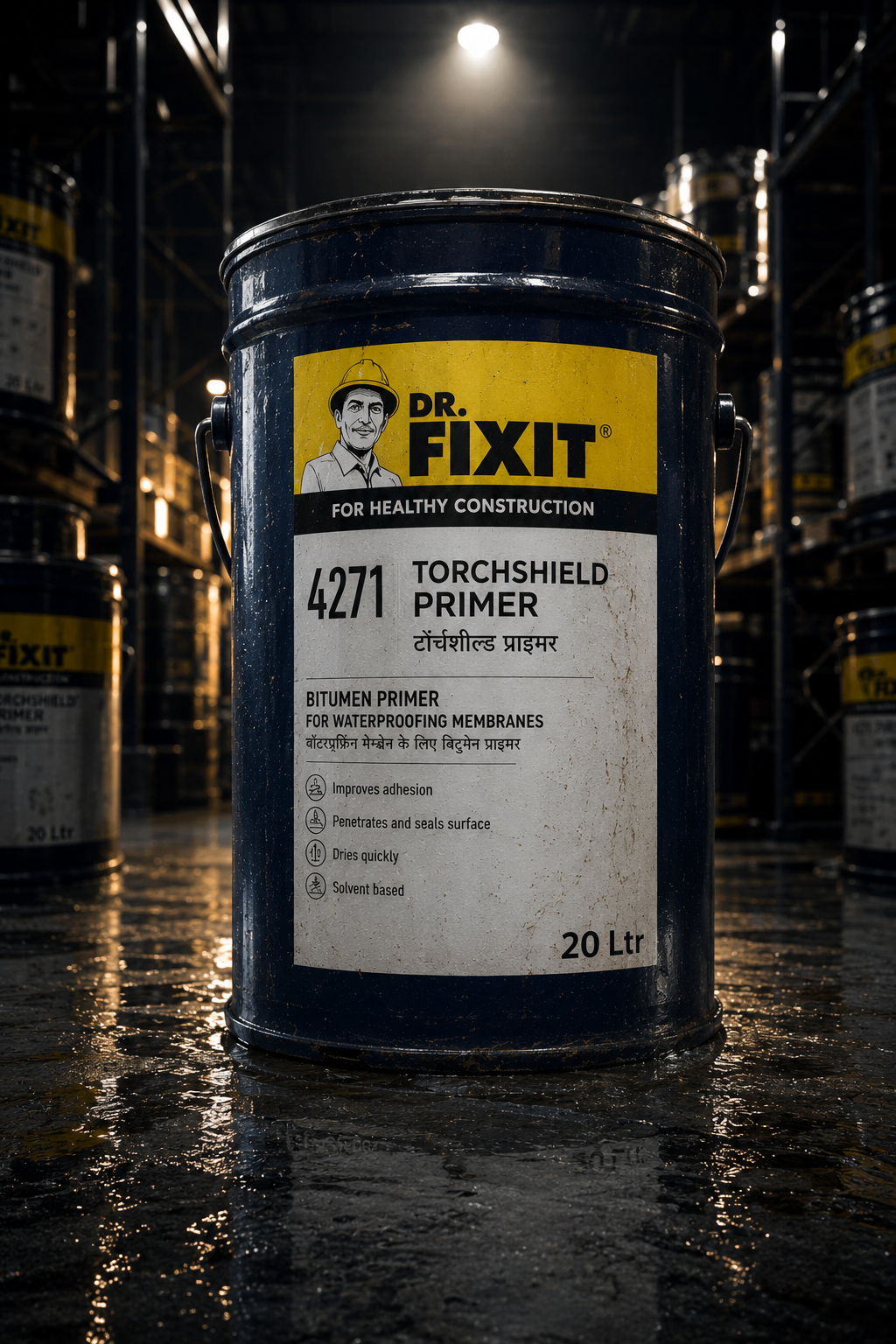 Dr Fixit Torchshield Primer applied on concrete roof surface — bitumen primer sealing substrate for APP membrane waterproofing India
