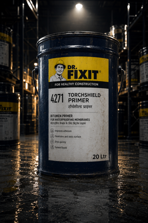 Dr Fixit Torchshield Primer applied on concrete roof surface — bitumen primer sealing substrate for APP membrane waterproofing India
